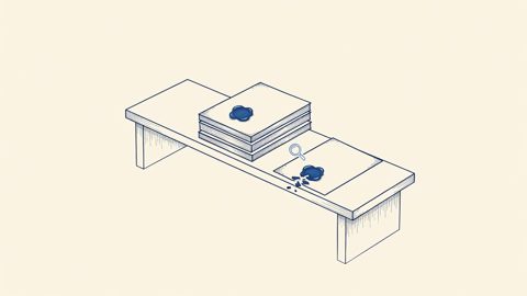Illustration: three stacked official orders with intact seals on a bench, set apart from a single lower inspection memorandum whose seal is broken