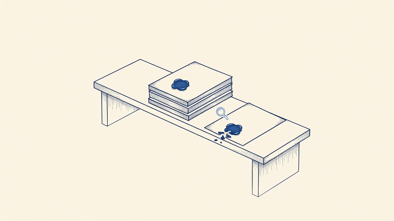 Illustration: three stacked official orders with intact seals on a bench, set apart from a single lower inspection memorandum whose seal is broken