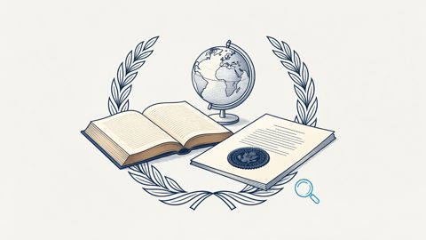 Illustration: an open treaty volume beside a sealed document and a globe motif