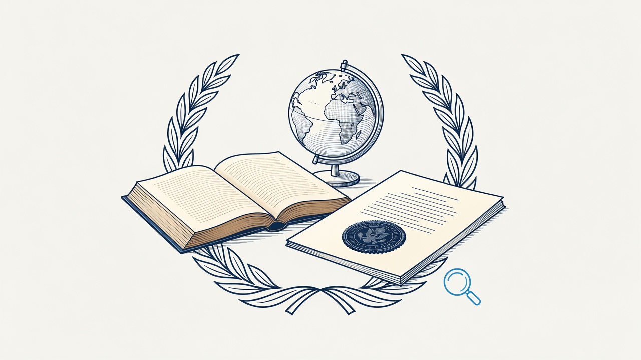 Illustration: an open treaty volume beside a sealed document and a globe motif