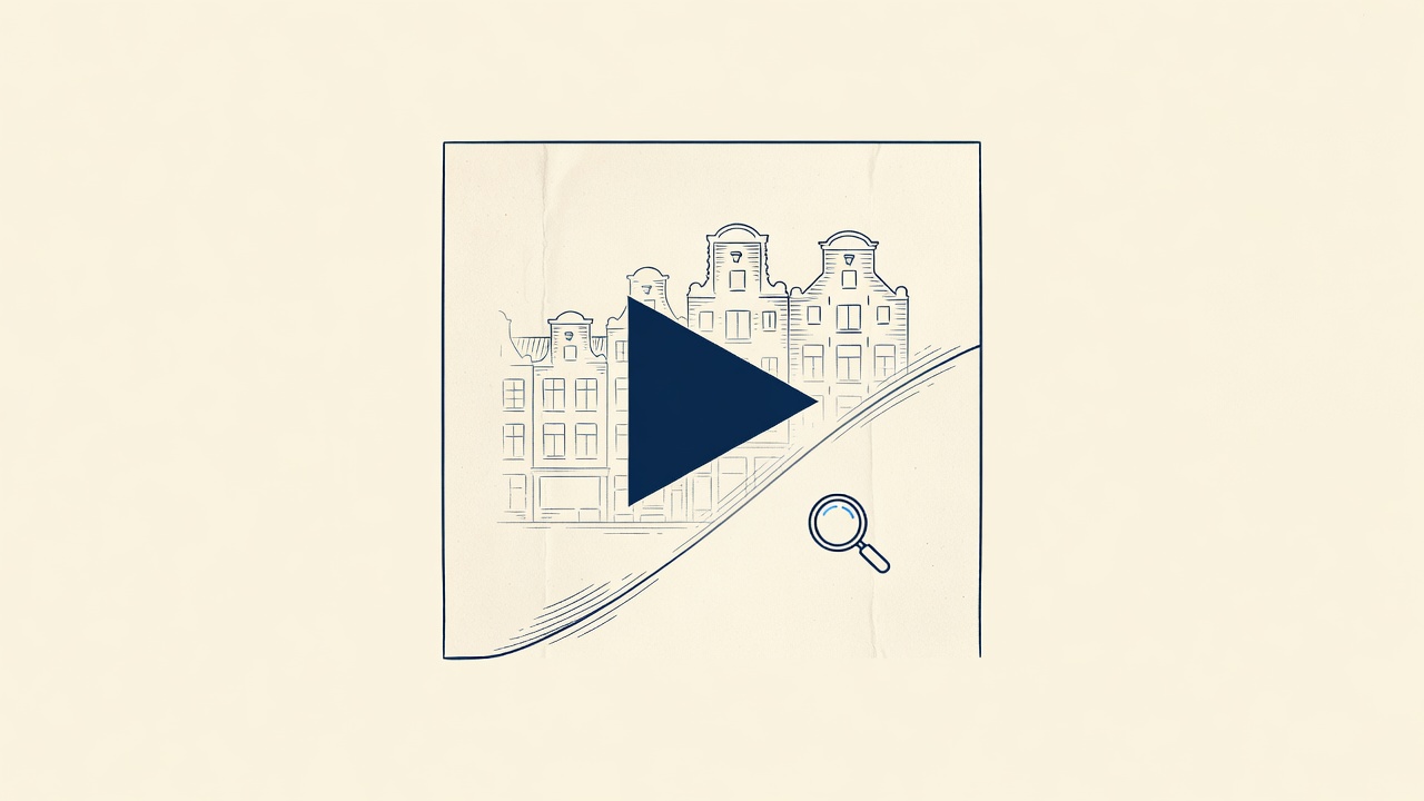 Illustration: a streaming play button before faint Dutch gabled rooftops
