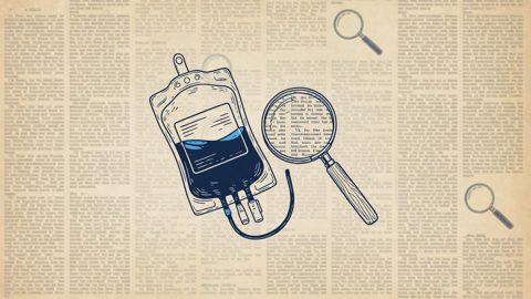 Illustration: an IV blood bag over an aged printed page