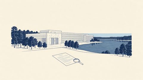 Illustration: a data-center building beside a lake with a property deed