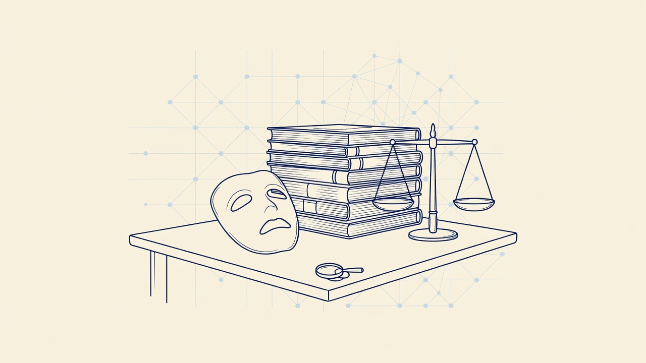 Illustration: a blank mask beside a stack of periodicals and scales of justice, over a faint network grid
