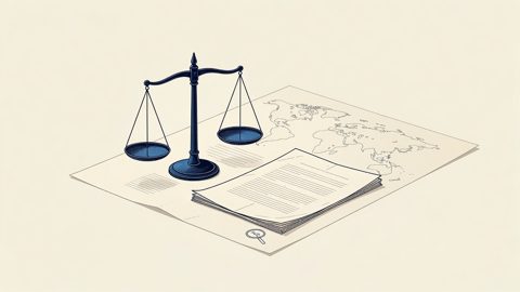 Illustration: scales of justice, a legal complaint, and a faint globe
