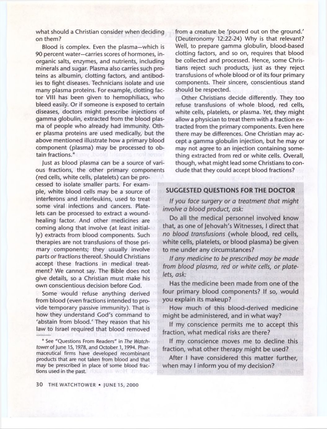 Scanned page: The Watchtower Questions From Readers · June 15, 2000